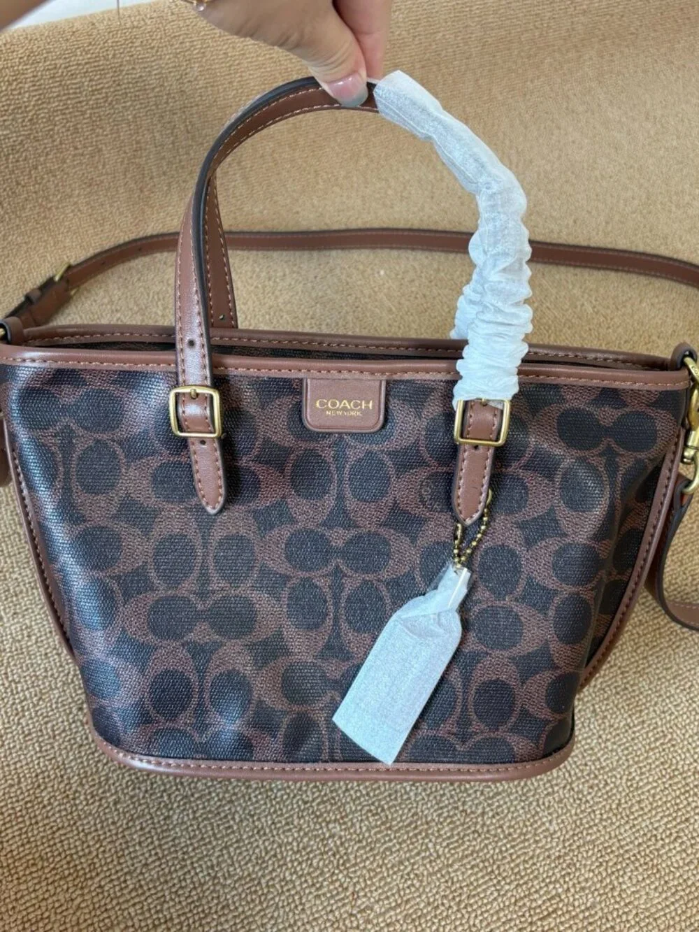 🤎Coach Brown Signature Mini Bucket Tote Adjustable Handle Crossbody Purse